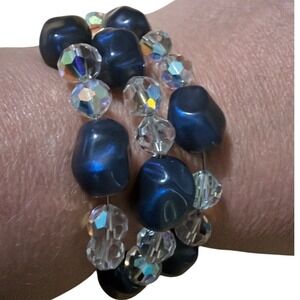 Navy Blue Faux Pearl and Iridescent Crystal Memory Wire Wrap Bracelet Statement